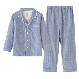 RAKUYUME Kids Pajamas, Gauze, Seamless Sides, Boys and Girls, Long Sleeve, Button, Front Opening, Sleepwear, 100% Cotton, Children, Top and Bottom Set, Comfortable, Sweat Absorbent, Breathable