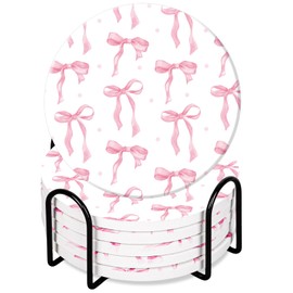FYSUIMU 6Pcs Pink Bow Coasters Cute Coquette Bowknots Ceramic Drink Coasters Absorbent Cup Mat for Home Kitchen Office Party Table Decor