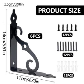 Pack of 6 Shelf Brackets, 140 x 110 mm, Black Shelf Brackets, Shelf Brackets, Heavy Duty 90 Degrees with Screws, Metal Shelf Brackets, Heavy Duty Angle for Wall Mount, Shelf, Corner Shelf