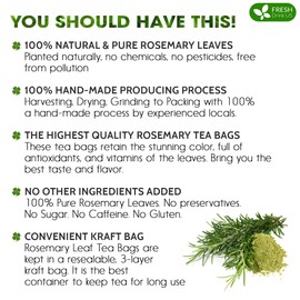 FreshDrinkUS, Premium 100 Rosemary Leaf Tea Bags, Made with 100% Natural Rosemary Dried Leaves, Pure Herbal Tea, No Additives, No Caffeine, No Gluten, Vegan.