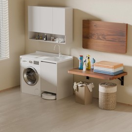 IAE Wall Mounted Folding Table with Pine Wood,24" x 14" Floating Wall Desk,Laundry Folding Table with Shelf Brackets,Fold Down Desk Shelf,Folding Workbench for Home,Dining,Laundry Room,Kitchen,Teak