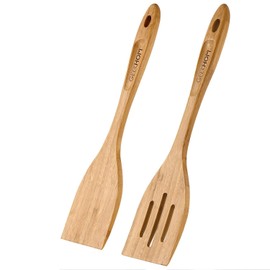 13 Inch Bamboo Spatulas for Nonstick Cookware, 2 Pack Wooden Kitchen Utensils, Wooden Spatula for Cooking, Slotted Wok Turners, Flipper for Pancake, Fish, Egg