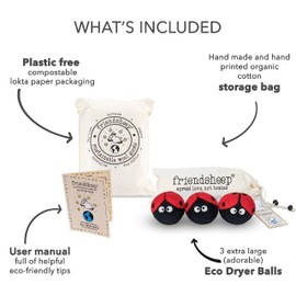 Wool Dryer Balls by Friendsheep 3 Pack XL Organic Premium Reusable Cruelty Free Handmade Fair Trade No Lint Fabric Softener Ladybug Trio