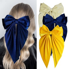 Loqpol 3 PCS Large Velvet Hair Bows, Oversized Long Tail Bows with Aliigator Clips, Coquette Hair Accessories for Women and Girls (White - Navy Blue - Yellow)