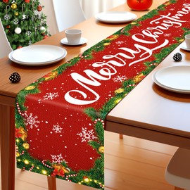Christmas Table Runner 72 Inches Red Merry Christmas Long Floral Leaf Candy Burlap Table Runner Decorations for Xmas Holiday Kitchen Snowflakes Dining Table Runner Celebrate Home Party Decor