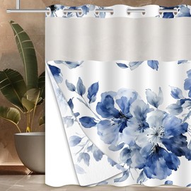 Uhexoyo No Hook Shower Curtain with Snap in Liner Floral Shower Curtain Fabric Waterproof Inner Liner Modern Abstract Navy Blue Flower Bathroom Shower Curtain Set Machine Washable 71 x 74in