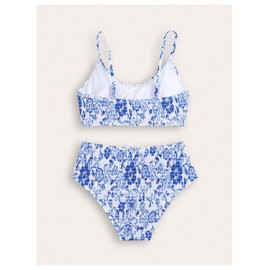 SHENHE - Traje de baño floral para niña, 2 piezas, cuello redondo, tirantes delgados, traje de baño fruncido, Azul y blanco, 13 Años