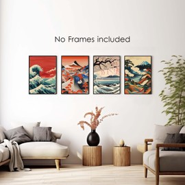 XZMBQ Japanese Landscape Wall Art Prints Set of 4: Vintage Ukiyo-e Mount Fuji Wall Art, Retro Aesthetic Scenery Decor for Living Room & Bedroom.(12”x16”, Unframed)(016)