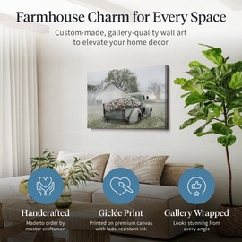 Fine Art Canvas Farmhouse Sage Green Truck with Blush Petunias Canvas Wall Decor by Artist Lori Deiter for Living Room, Bedroom, Bathroom Barn Pictures Wall Art 43 in x 32 in