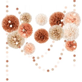 AOBKIAT Wedding Baby Shower Decorations Set,15PCS Brown Peach Tissue Paper Pom Poms,Circle Dots Colorful Paper Garland String Hanging Backdrop for Birthday Party,Retro Boho Bridal Shower Decorations