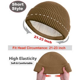 PHILIGHTS Swag Short Fisherman Beanie for Men Women, Wool Knit Cuffed Fleece Lined Trawler Beanies Winter Warm Hat Skull Cap，Light Coffee