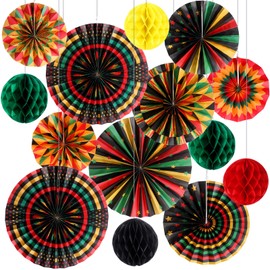 Outus 21 Pcs Black History Month Decorations Hanging Paper Fans Kente Classroom Decorations Juneteenth Tissue Paper Pom Poms for Garland Ceiling African American Party Supplies (Juneteenth)