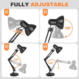 GPOASRI Metal Desk Lamp with Clamp, Clip Desk Lights for Home Office, Work, Study, Reading, Multi-Joint, Black，Swing Arm, Adjustable Gooseneck Table Lamp