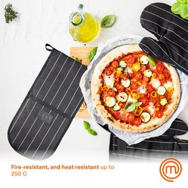 MasterChef Oven Gloves Heat Resistant, Double Oven Gloves Made from Cotton with Vegan PU Leather Logo & Hanging Loop, Attached Oven Mitts, Machine Washable, Heat Proof Pot Holders for the Kitchen