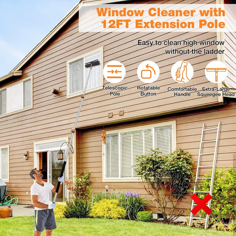 12Ft Window Squeegee with Extension Poles, 2-in-1 Window Cleaning Kit