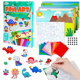 YAOZUP Foil Fun Children, Dinosaur Foil Art for Children, Foil Fun Sticker Toy, Foil Fun Craft Colouring Books, DIY Craft Set Children, Gifts for Boys Girls Age 4-9
