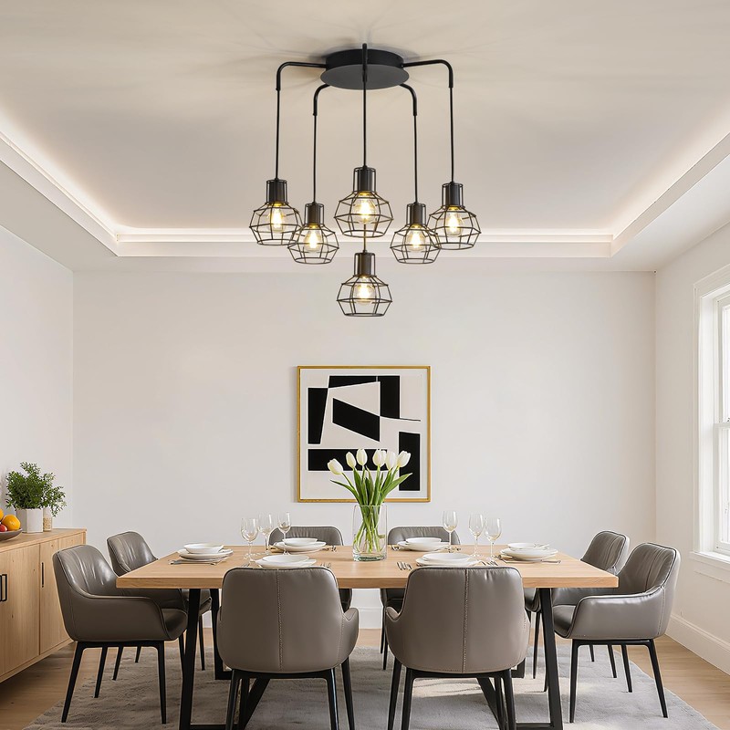6-Light Pendant Light Fixtures, Industrial Farmhouse Hanging Lighting, Black Metal