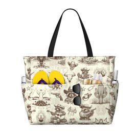 Women's Large Beach Bag Funny Cowboy Raccoon Print Waterproof Travel Tote Bag Lightweight Summer Weekender Bags for Pool Vacation