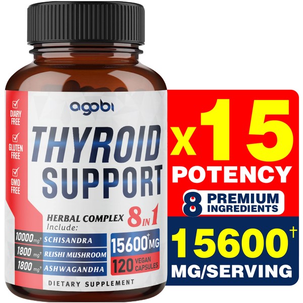 8in1 Pure Thyroid Support Complex 15600Mg - 2 Months for Fight Brain Fog, Energy Support & Immune System - Blended Schisandra Fruit, Reishi Mushroom, Ashwagandha Root & More - 120 Vegan Capsules