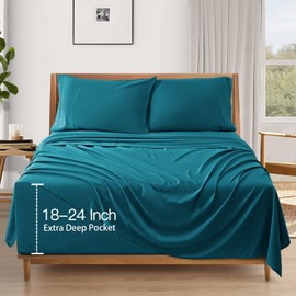 SiinvdaBZX Extra Deep Pocket King Sheets Set - Fits Mattress Up to 24 Inches Thick - 4 Piece Teal Deep Pocket Sheets for Air Mattress - Soft 1800 Thread Count Fitted Sheet with Side Pocket