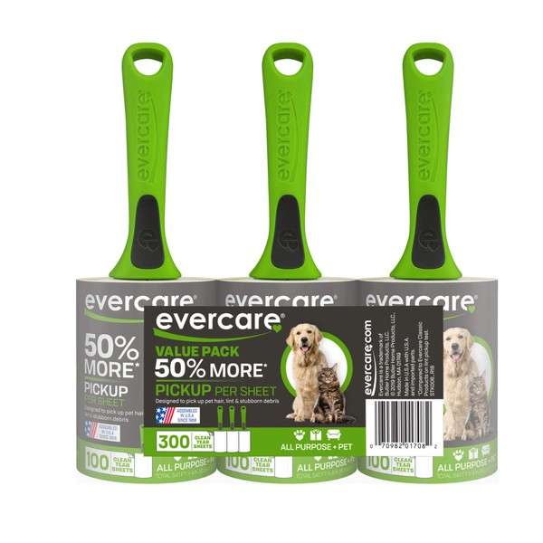 Evercare Value Pack of 3 All Purpose Stick Pet Hair Lint Rollers, 100 Sheets Each, Total 300 Sheets, Green