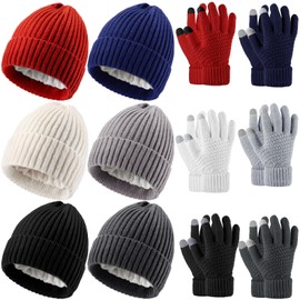 Suhine 12 Pcs Winter Glove and Hat Set Beanie Hat Touchscreen Gloves Set Knitted Hats for Women with Fleece Lined Warm Glove (White, Gray, Black, Red, Teal)
