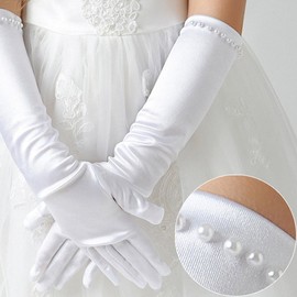 Ever Fairy Girls Classic White Wedding Dress Pearl Embroidery Gloves - White
