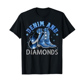 Western Cowgirl Hat Boots Denim and Diamonds Decorations T-Shirt