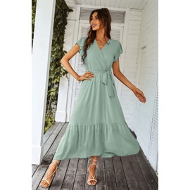 PRETTYGARDEN Women's Summer Floral Boho Dress Wrap V Neck Short Sleeve Ruffle A-Line Flowy Maxi Wedding Guest Dresses (Solid Green,Medium)