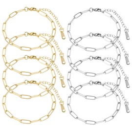 LunarCharm 8 Pieces Paper Clip Chain Bracelet Set, Stainless Steel, 18K Gold Plated, Adjustable Charm Bracelets with Lobster Clasp for DIY Jewelry Making, multicoloured