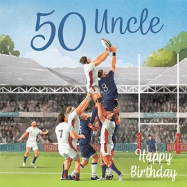 Hunts England - 50th Uncle Rugby Birthday Card - Milo's Gallery - Age 50 Sport Fun Birthday Card For Uncle - Birthday Card For 50 Year Old Rugby Fan - Age Fifty