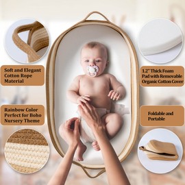 Baby Changing Basket - Moses Basket Changing Table Topper and Thick Foam Pad with Removable Cotton Mattress Cover, 100% Cotton Boho Nursery Decor with Storage Bag
