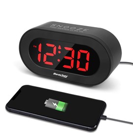 REACHER REACHER Small LED Digital Alarm Clock with Simple Operation, Full Range Brightness Dimmer, USB Phone Charger Port, Easy Snooze, Adjustable Alarm Volume, Outlet Powered for Bedrooms Bedside(Black)