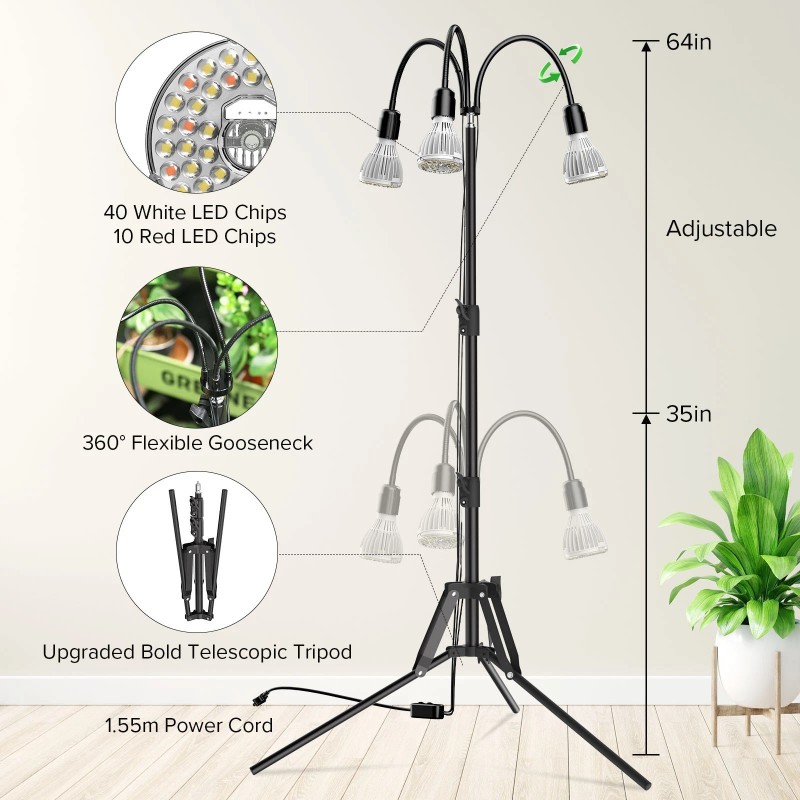 SANSI Upgraded Grow Light 90W=700W Adjustable Tripod Stand 660nm Full
