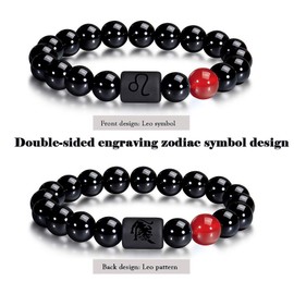QSMGD Zodiac Bracelets for Women and Men,Friendship Bracelet,8mm 10mm Natural Black Onyx Stone Star Sign Constellation Horoscope Bracelet Gifts (Leo, 10mm beads-(fit wrist: 6.3"-6.9"))