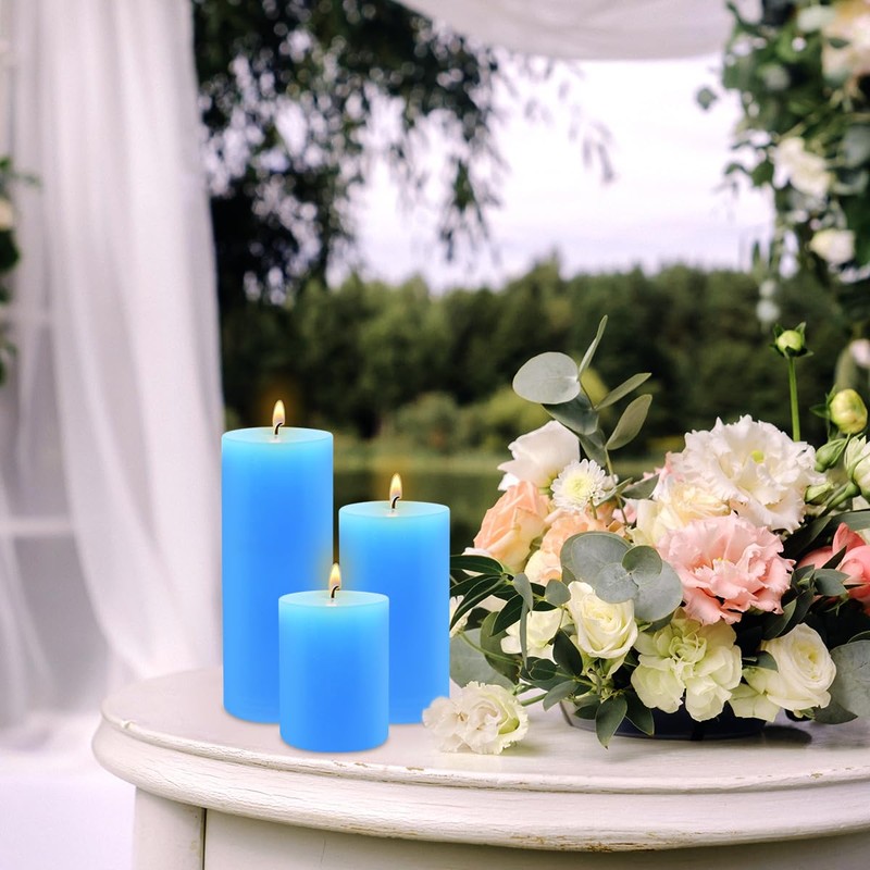 Blue Pillar Candles Set of 3 - Dripless Unscented -