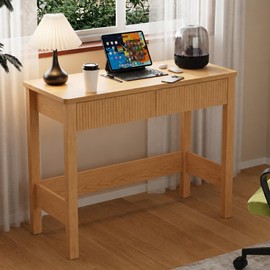 Fluted Light Oak Desk with 2 Drawers - 39 Inch Small Computer Desk with Storage, Compact Writing Desk for Small Spaces, Modern Wood Writing Desk for Bedroom