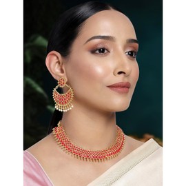Aheli Traditional Faux Stone Studded Nekclace Earrings Set Bollywood Wedding Ethinc Party Fashion Jewelry Gift for Women Red