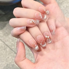 BIBII Nails Handmade Nail Tip, Popular in Korea, Long, Cute Pink, 10 Pieces, Pale Pink, Ultra Thin, 100% Handmade Nails, Press on Nails, 3D Nails, Luxurious, Mass-Produced, Dreamy, Sparkling Stars,