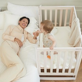 EvoNest Baby Crib, 6 in 1 Convertible Mini Crib with Wheels, 100% New Zealand Wood Growing Bed, 4 Adjustable Mattress Height， Wahed Natural (Beige)