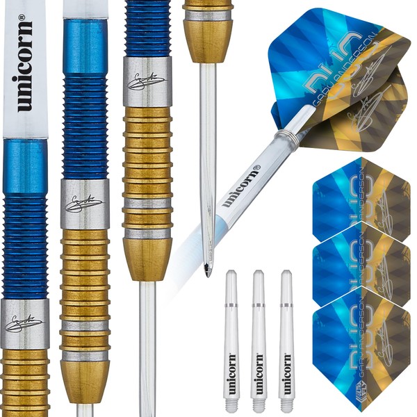 Unicorn Darts Set | Gary 'The Flying Scotsman' Anderson Duo | 90% Tungsten Barrels with Two-Tone Blue & Golden Titanium Coatings | Steel Tip Volute Points | 23 g