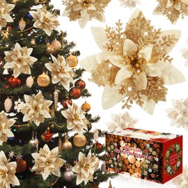 WEISPARK Poinsettia Christmas Decorations Flowers - 12Pcs Artificial Red Gold Poinsettia Christmas Tree Ornaments Glittery for Xmas New Year Wedding Party Wreath DIY Garland Decor