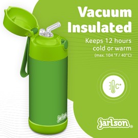 Jarlson® Charli Children's Stainless Steel Drinking Bottle with Straw - Thermos Flask 350 ml - TÜV Tested - BPA Free - Leak-Proof - Thermal Water Bottle for School, Nursery (Green)