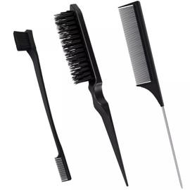 Vain 3 Pcs Plastic Bristle Hair Brush Set, Teasing Comb, Edge Brush, Rat Tail Comb (Black)