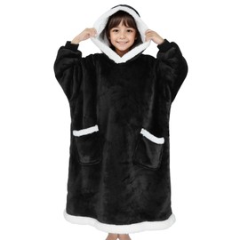 Hoodie Blanket, Long Wearable Blanket with Big Pockets Sherpa TV Blanket (Black-Child)