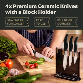 Vos Ceramic Knife Set with Block, Ceramic Knives Set For Kitchen, Ultra Sharp Kitchen Knife Set with Covers, 3" 4" 5" 6" Chef Knife, Utility, Paring & Versatile, Lightweight, Dishwasher safe (Black)
