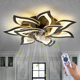 Yfrest Modern Ceiling Fan with Light and Remote, Low Profile Ceiling Fans with Lights, 32 Inch Flush Mount Ceiling Fan with 3 Light Color 6 Speeds, Fandelier Ceiling Fan for Living Room, Dining Room