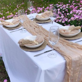 FuSenYuan 13Pcs Beige Cheesecloth Table Runner +6 Napkins +6 Wood Bead Tassel Napkin Rings (120" x 35" ) Rustic Gauze Sheer Table Runner for Farmhouse Boho Wedding Bridal Baby Shower Birthday