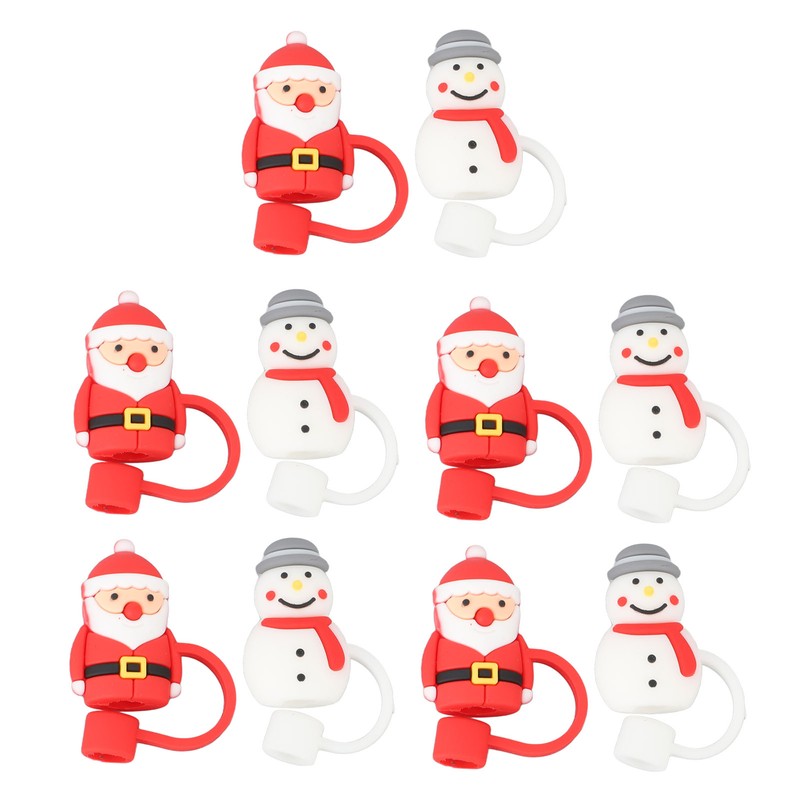 10Pcs Christmas Straw Covers Caps Cartoon Soft Silicone Christmas Straw