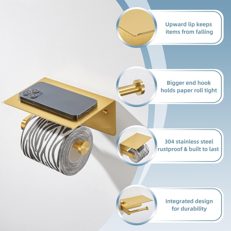 APLusee Brushed Gold Toilet Paper Holder with Shelf, 304 Stainless